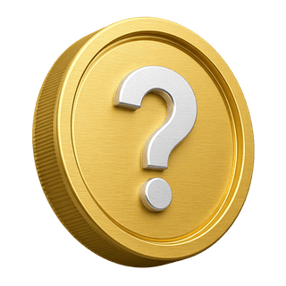 Koin emas 3D dengan tanda tanya sebagai elemen dekoratif di halaman FAQ